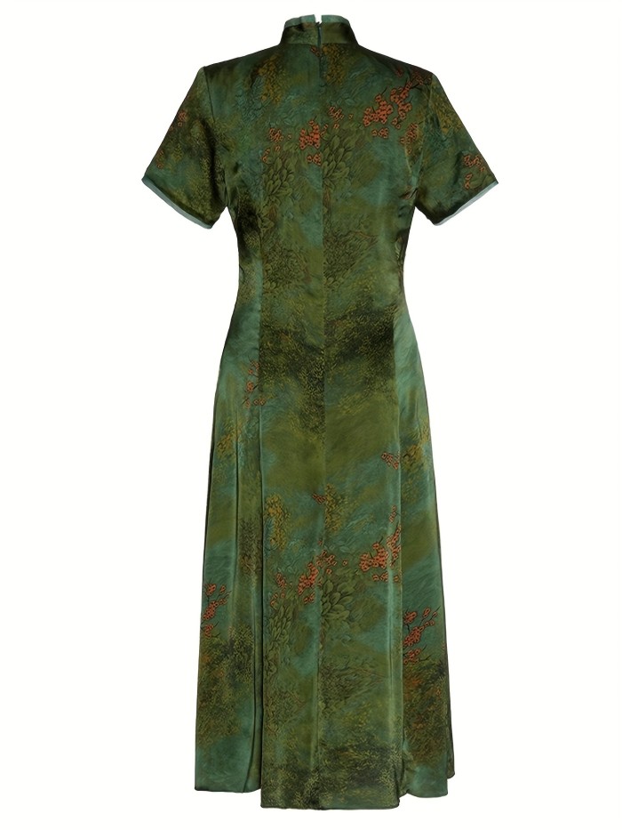 Floral new Chinese cheongsam dress retro, retro short-sleeved green V-neck cheongsam dress for women