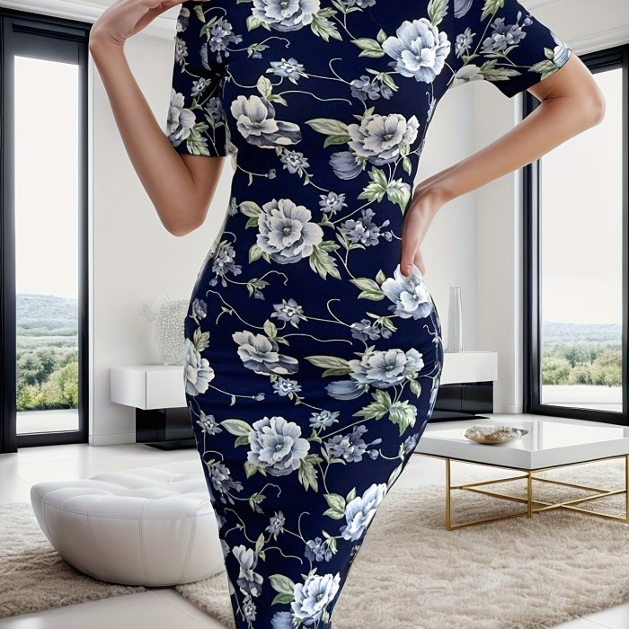 Ross Print Chinese Vintage Cheongsam, Bodycon Short Sleeve Mock Neck Dress, Women's Clothing