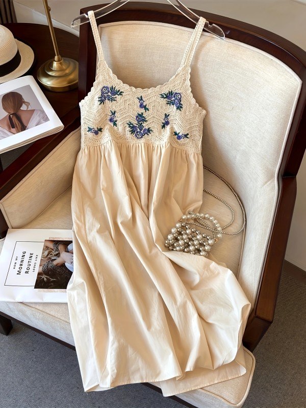 1pc Bohemian Embroidered Hollow-Out Crew Neck Dress - 100% Acrylic Knit Fabric, Casual Summer Slip Dress for Adults