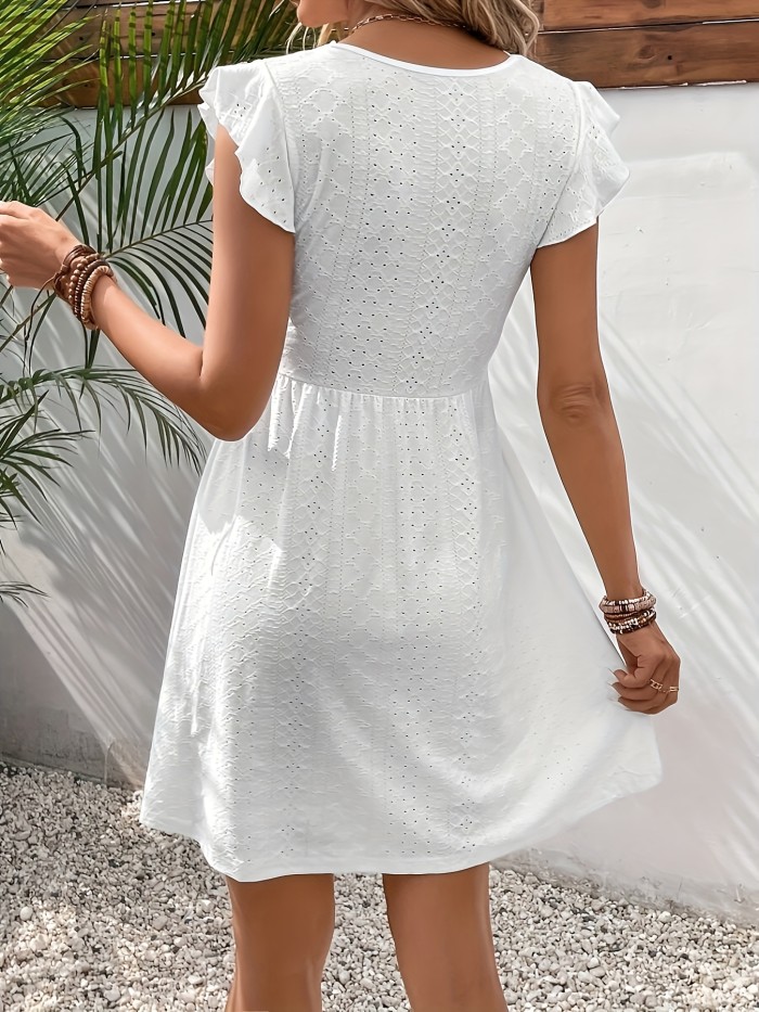 Women'S Summer V-Neck A-Line Dress, Solid Color with Contrast Lace Detail, Butterfly Sleeves, Knit Polyester Fabric, Lightweight 120g\u002Fm², Elastic 5% - Elegant Casual Wear