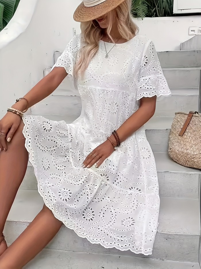 Elegant White Eyelet Embroidered Dress - Chic Blend with Ruffle Hem, Short Sleeves - Perfect for Spring\u002FSummer Vacations - Women's Round Neck Semi-Sheer Dress