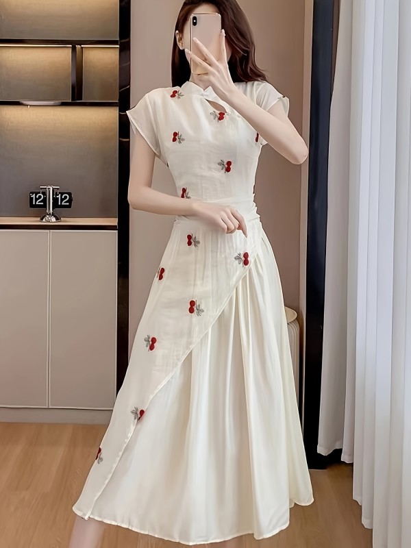 Elegant Cherry Blossom Print Cheongsam Dress - Traditional Chinese Style, Polyester, Machine Washable - Perfect for Spring\u002FSummer\u002FFall, Chinese Style, National Trend