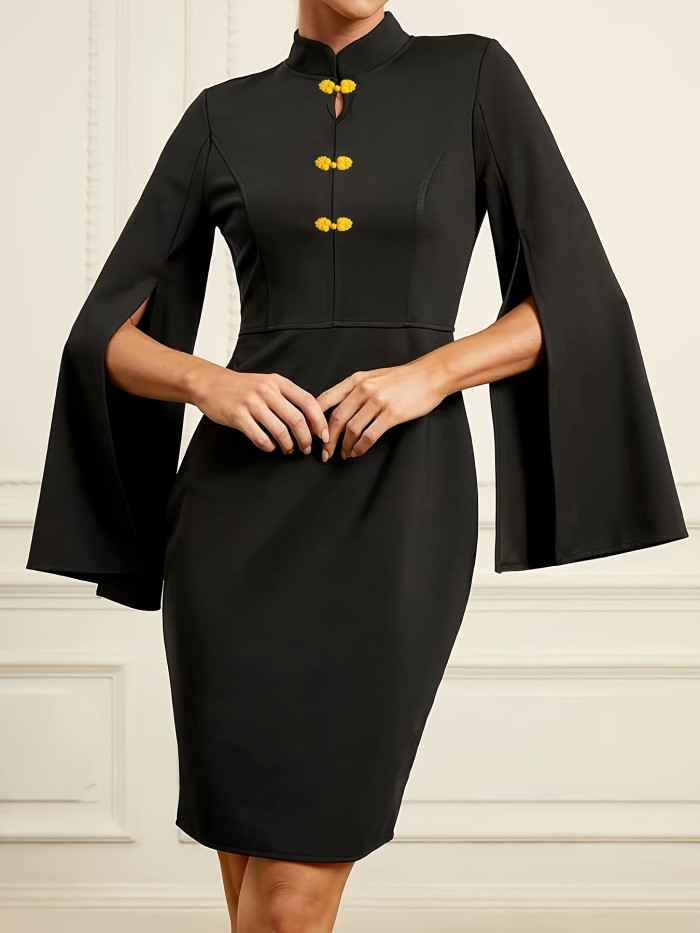 Cheongsam Long-sleeved Waist-cinching Slimming Cocoon-shaped Buckle Dress