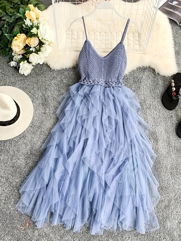 Fairy Mid-Length Dress with Round Neck, Lace-Up Mesh Embroidery, Sweet And Fresh Strapless Dress