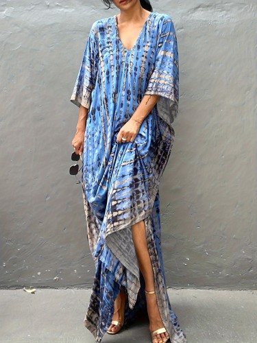 Plus Size Women's Striped Batwing Sleeve V Neck Maxi Kaftan Cover Up Dress - Soft, Comfortable, Stylish for Boho Chic