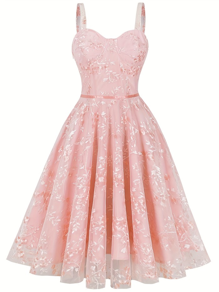 Women's Spaghetti Strap Floral Embroidery Tulle Swing Cocktail Dress 1950s Vintage Tea Party Wedding Guest Prom Dress