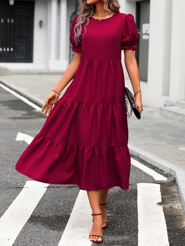 Leopard Print Puff Sleeve Dress, Boho Crew Neck Tiered Dress, Women's Clothing