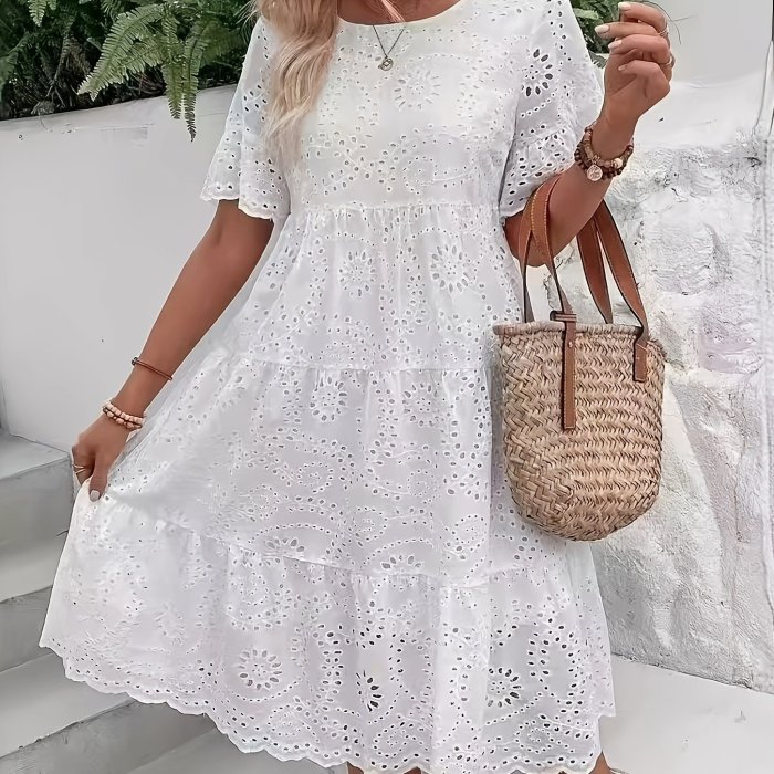 Elegant White Eyelet Embroidered Dress - Chic Blend with Ruffle Hem, Short Sleeves - Perfect for Spring\u002FSummer Vacations - Women's Round Neck Semi-Sheer Dress