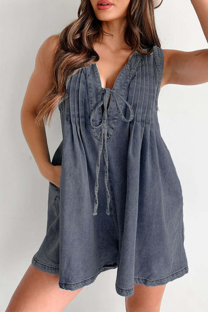 Casual Street Pocket Lace Up V Neck Sleeveless Loose Denim Jumpsuits(9 Colors)