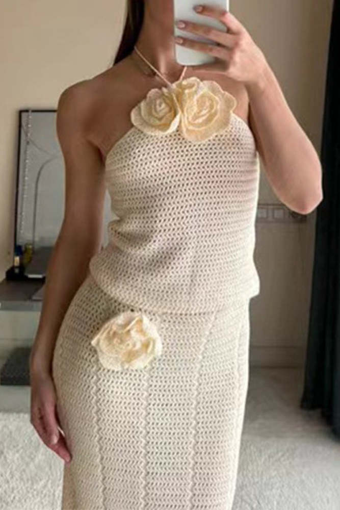 Sexy Hook Flower Patchwork Halter Sleeveless Two Pieces