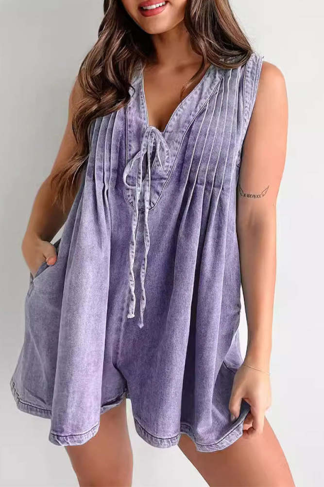 Casual Street Pocket Lace Up V Neck Sleeveless Loose Denim Jumpsuits(9 Colors)