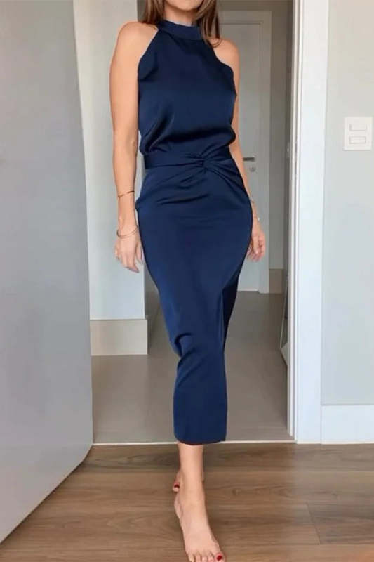 Sexy Slit Ruched Halter Sleeveless  Midi Dresses