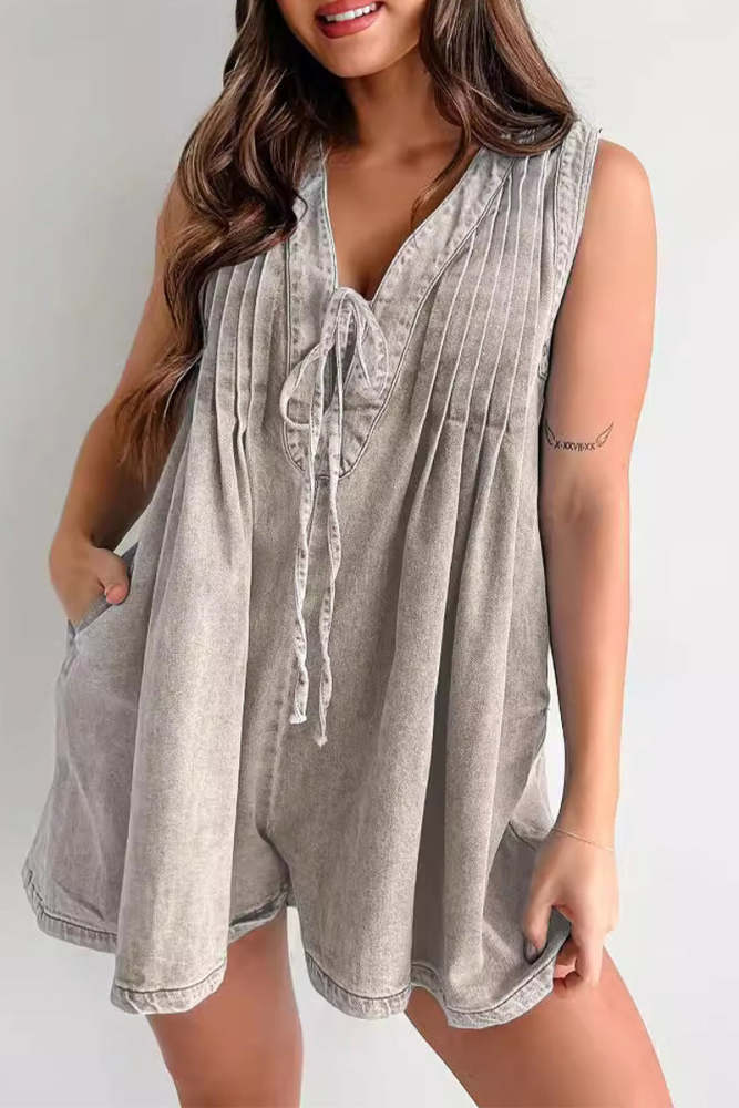 Casual Street Pocket Lace Up V Neck Sleeveless Loose Denim Jumpsuits(9 Colors)