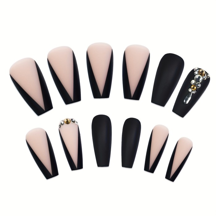24Pcs Long Luxury Rhinestone Fake Nails Black French Tips Press On False Nails Natural Full Cover Coffin Artificial Fake Nails For Women Girls, Halloween Nails