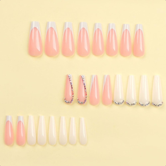 White Long Press on Nails Coffin Fake Nails with Rhinestones Design Gel Glue on Nails for Women Girls Full Cover Acrylic False Stick on Nail Manicure for Wedding Birthday 24pcs