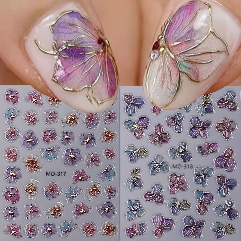 2pcs 3D Purple Golden Flower Nail Art Stickers Metallic Blossom Leaf Design Decals Self-adhesive Manicure Sliders Supplies, MO-317-318
