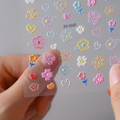 5D Embossed Spring Flower Butterfly Design Nail Art Stickers, Nail Art Decals For Nail Art Decoration,Self Adhesive Nail Art Supplies For Women And Girls