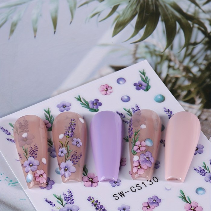 2pcs 3D Flowers Nail Art Stickers Butterfly Lavender Flowers Design Nail Decal Design Charms Blossom Spring Sticker DIY Manicure Decoration