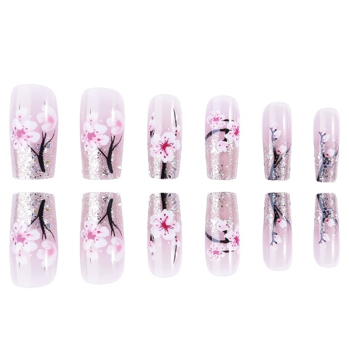 24pcs Spring and Summer Bright Flower Press-on Nails, Medium and Short False Nails, Chinese Style with Peach Blossom Pattern and Glitter Design, Reusable Nail Art, Suitable for Women and Girls, Easy to Remove without Hurting Hands