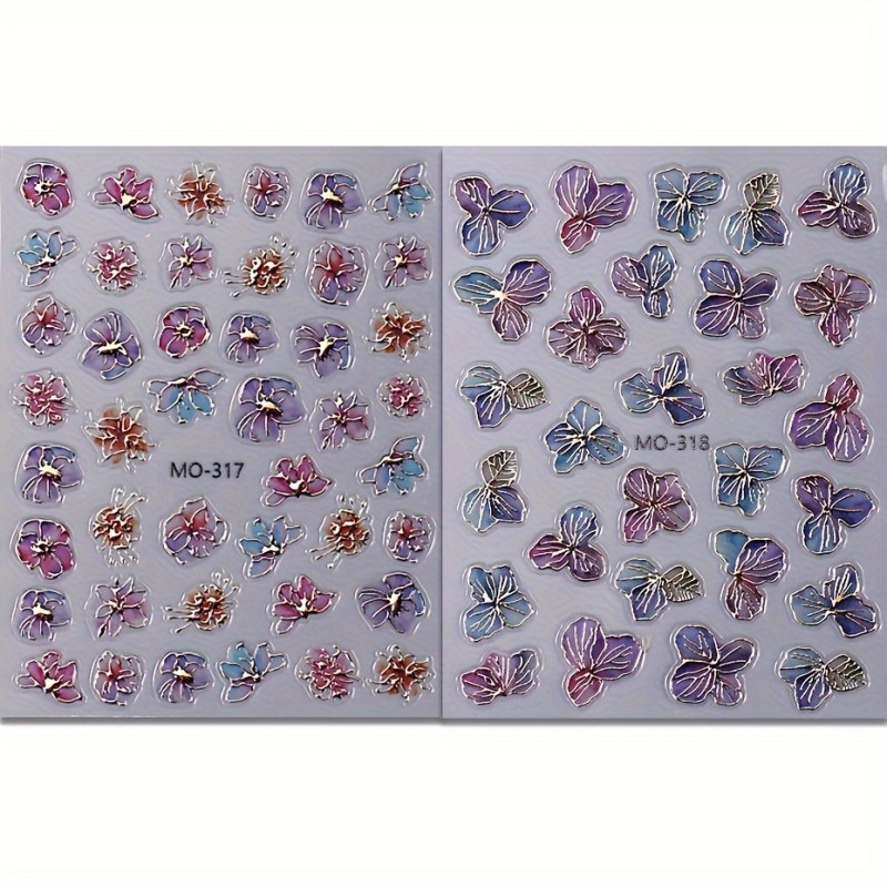 2pcs 3D Purple Golden Flower Nail Art Stickers Metallic Blossom Leaf Design Decals Self-adhesive Manicure Sliders Supplies, MO-317-318