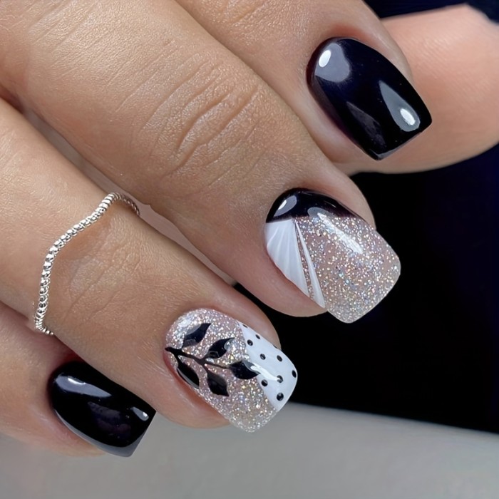 24pcs Black & White Square Short Press-On Nails Set, Glossy Finish with Leaf Pattern and Polka Dots, Fashionable French Colorblock Design, with Nail File and Adhesive Tabs, Nail Art