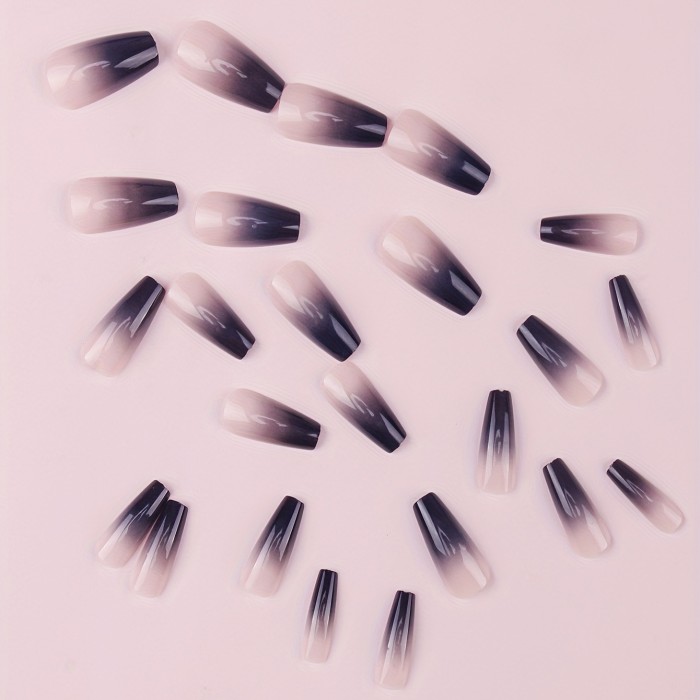24pcs Glossy Blue Black Gradient Press On Nails - Full Cover Medium Coffin Ballet False Nails for Women and Girls - Long-Lasting and Durable, Halloween Nails