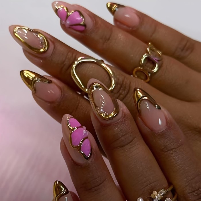 24pcs Set of Glossy Almond-Shaped Press-On Nails with Pink Leopard Print & Cross Design - Medium Length, Removable Fake Nails with Golden Accents for Women & Girls, Fashion Nail Accessories|Chic Nail Stickers|Intricate Nail Design