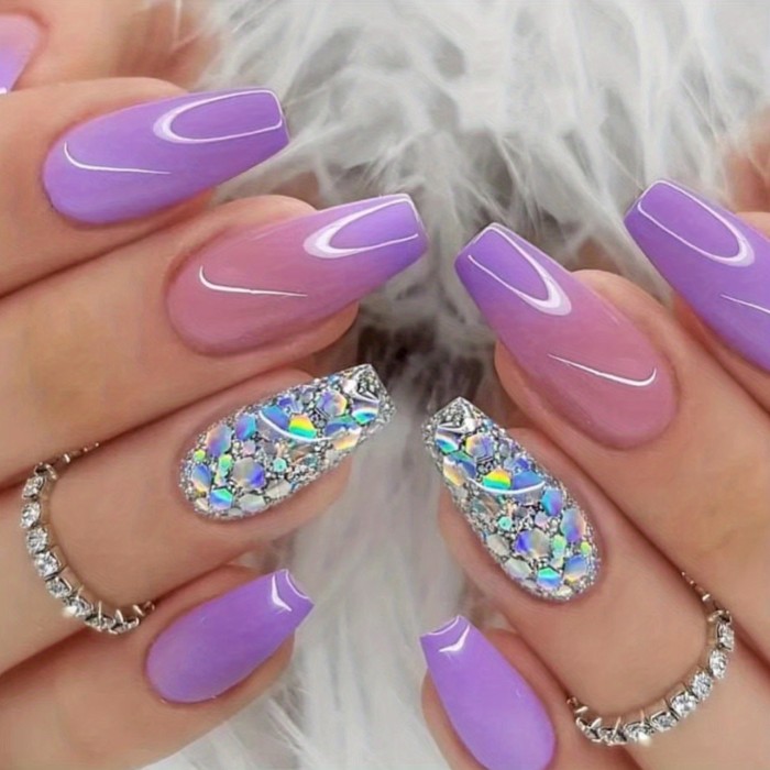 24 pcs Gradient Purple Coffin Glitter Press On Nails - Glossy False Nails for Women and Girls