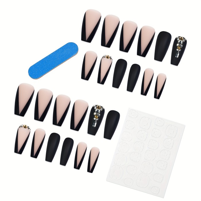 24Pcs Long Luxury Rhinestone Fake Nails Black French Tips Press On False Nails Natural Full Cover Coffin Artificial Fake Nails For Women Girls, Halloween Nails