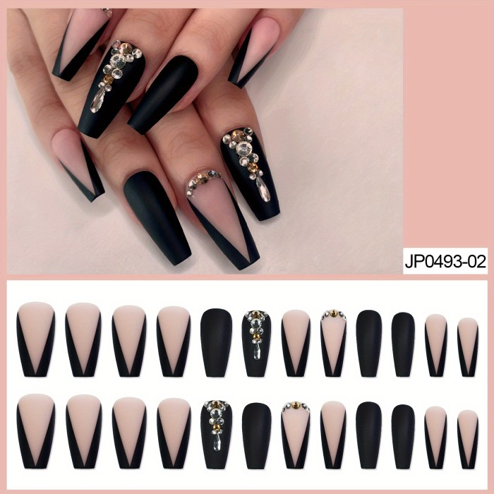 24Pcs Long Luxury Rhinestone Fake Nails Black French Tips Press On False Nails Natural Full Cover Coffin Artificial Fake Nails For Women Girls, Halloween Nails