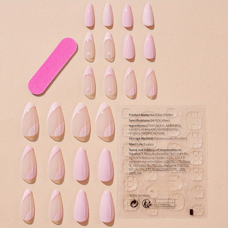 24pcs Per Box, Minimalist Gentle Pink Heart-Shaped French Removable Press-On Nails in an Instagram Style.