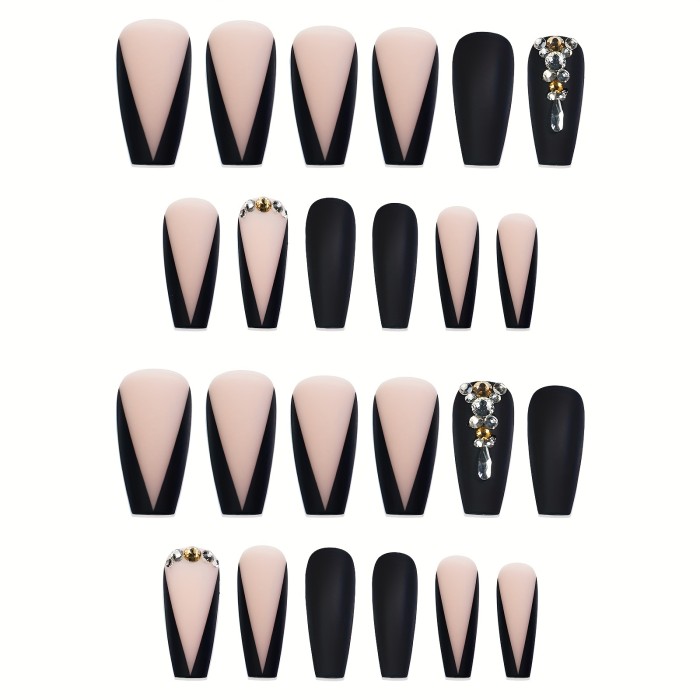 24Pcs Long Luxury Rhinestone Fake Nails Black French Tips Press On False Nails Natural Full Cover Coffin Artificial Fake Nails For Women Girls, Halloween Nails