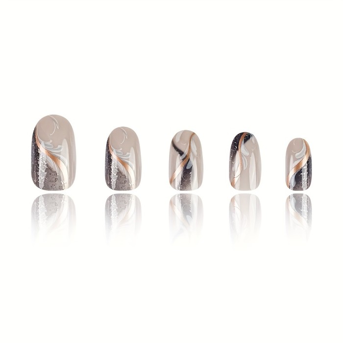 24pcs Elegant Oval Press-On Nails 24pcs Elegant Oval Press-On Nails - Pink Gradient Stripe Pattern with Glitter, Glossy Finish, Medium Length Artificial Manicure Set
