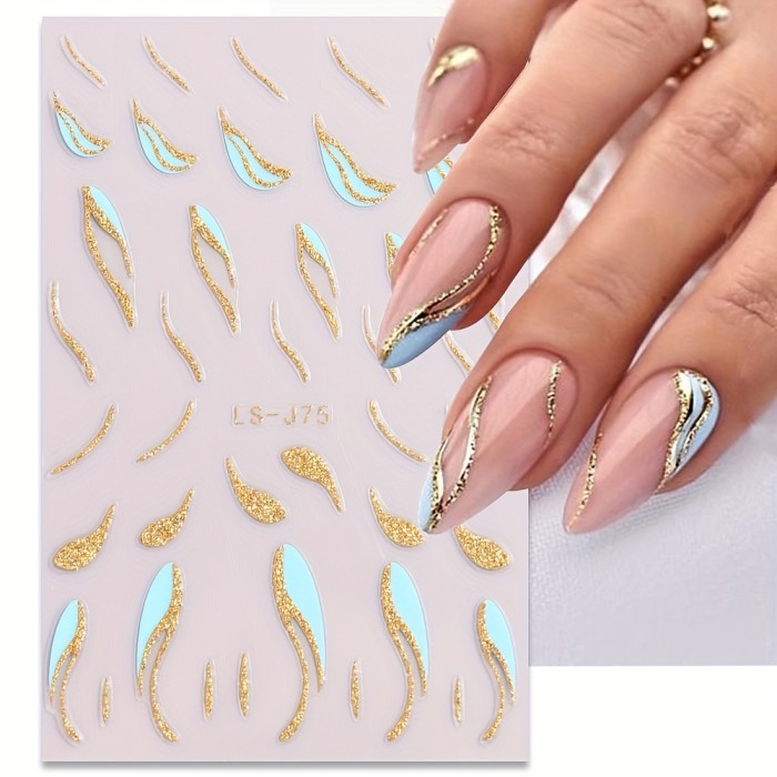 French Golden Silvery Glitter Ribbon Nail Stickers, Simple Nail Art Decals, Self-adhesive, Matte Finish, Unscented, Fantasy Theme, Irregular Shape, Paper Material, Single Use