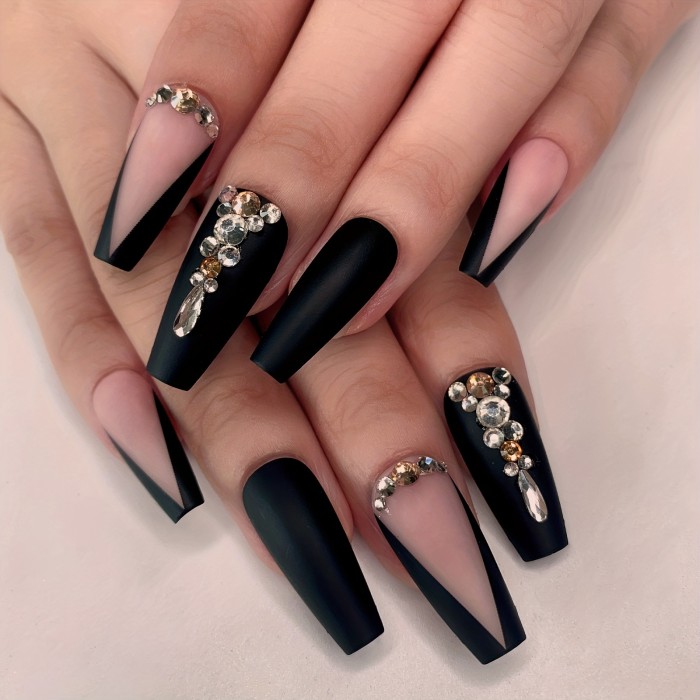 24Pcs Long Luxury Rhinestone Fake Nails Black French Tips Press On False Nails Natural Full Cover Coffin Artificial Fake Nails For Women Girls, Halloween Nails