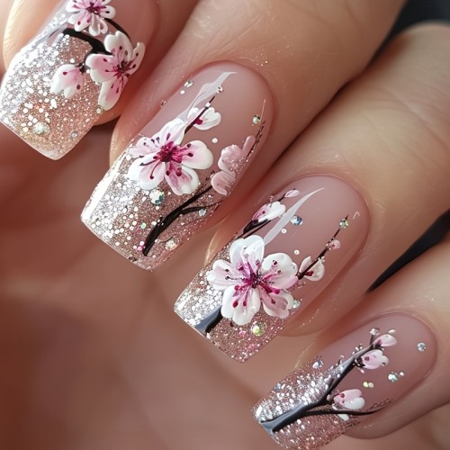 24pcs Spring and Summer Bright Flower Press-on Nails, Medium and Short False Nails, Chinese Style with Peach Blossom Pattern and Glitter Design, Reusable Nail Art, Suitable for Women and Girls, Easy to Remove without Hurting Hands