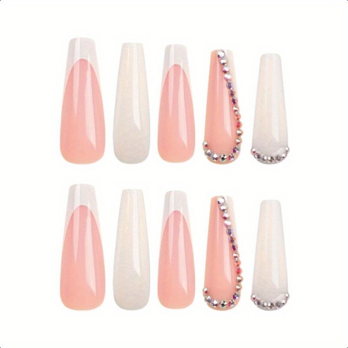White Long Press on Nails Coffin Fake Nails with Rhinestones Design Gel Glue on Nails for Women Girls Full Cover Acrylic False Stick on Nail Manicure for Wedding Birthday 24pcs