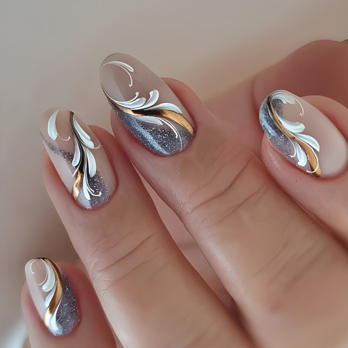 24pcs Elegant Oval Press-On Nails 24pcs Elegant Oval Press-On Nails - Pink Gradient Stripe Pattern with Glitter, Glossy Finish, Medium Length Artificial Manicure Set