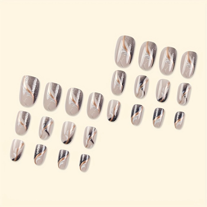 24pcs Elegant Oval Press-On Nails 24pcs Elegant Oval Press-On Nails - Pink Gradient Stripe Pattern with Glitter, Glossy Finish, Medium Length Artificial Manicure Set