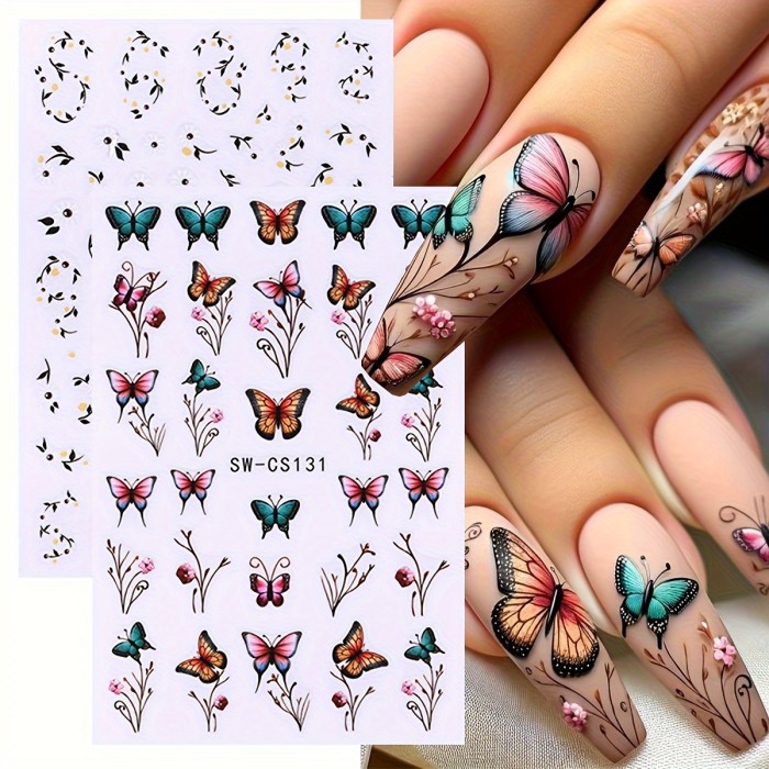 2pcs 3D Flowers Nail Art Stickers Butterfly Lavender Flowers Design Nail Decal Design Charms Blossom Spring Sticker DIY Manicure Decoration