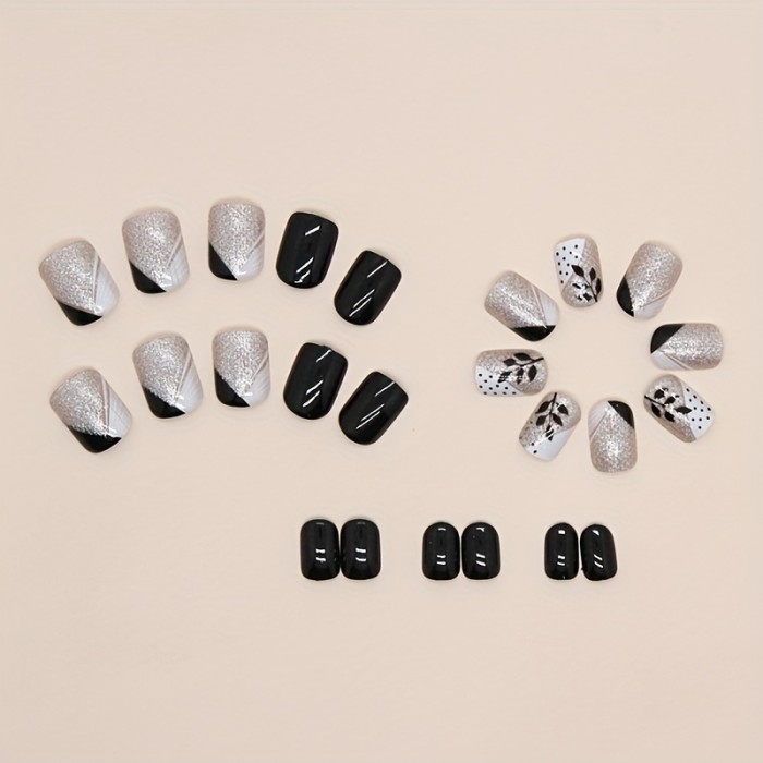 24pcs Black & White Square Short Press-On Nails Set, Glossy Finish with Leaf Pattern and Polka Dots, Fashionable French Colorblock Design, with Nail File and Adhesive Tabs, Nail Art