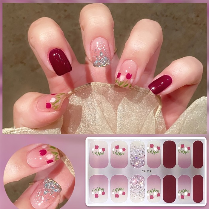 Dashing Diva Sparkling Floral Nail Strips - Self-Adhesive, Waterproof Gel Nail Polish Wraps with Glitter & Daisy Design, Easy to Apply & Remove, Salon-Quality Shine for Women & Girls