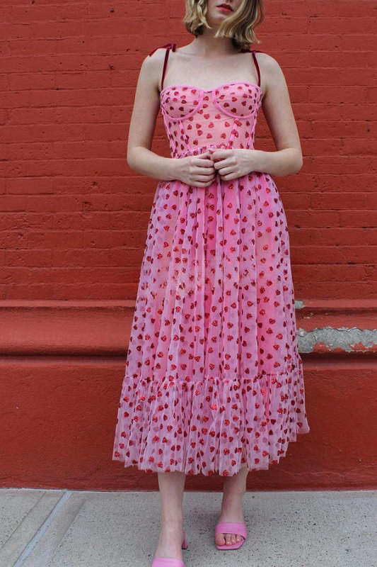 Heart Shaped Print Patchwork Lace Up Midi Dress