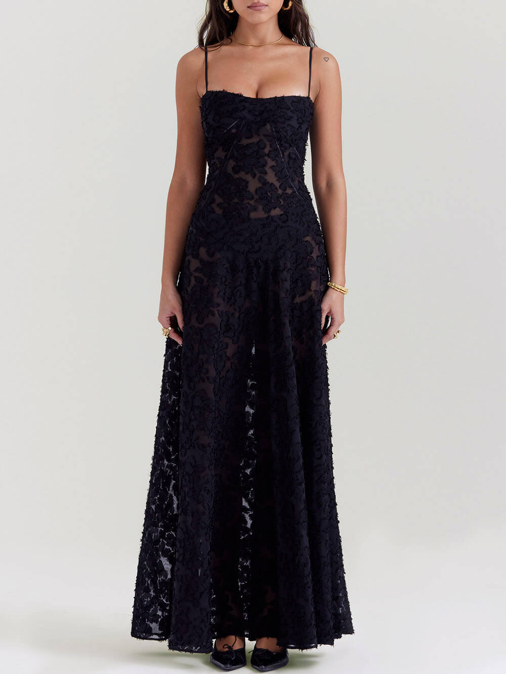 Maxi Dress with Large 3D Flower and Draped Open Back - Black main image 0