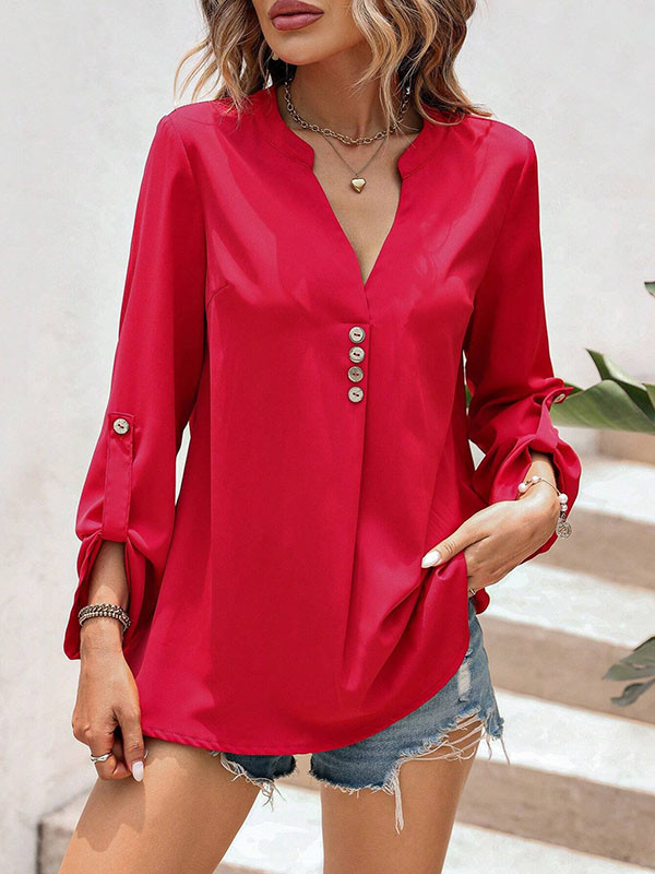 Long Sleeves Loose Buttoned Split-Joint V-Neck Blouses&Shirts Tops