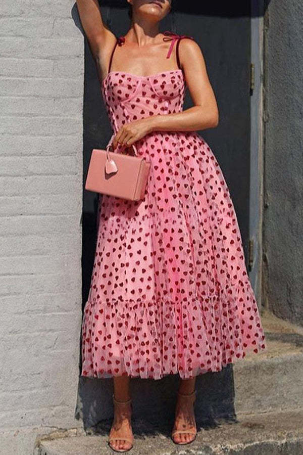 Heart Shaped Print Patchwork Lace Up Midi Dress