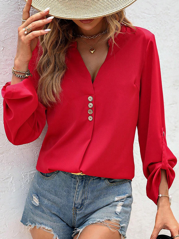 Long Sleeves Loose Buttoned Split-Joint V-Neck Blouses&Shirts Tops