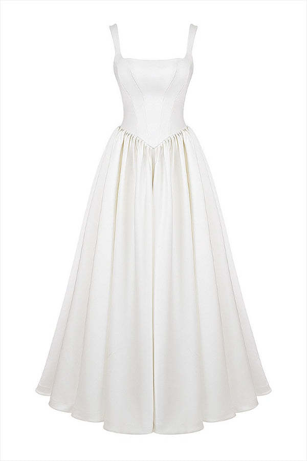 Wide Straps Corset Solid Color Gowns Maxi Dresses-White