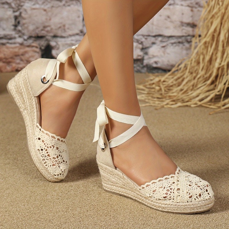 Hollow Crisscross Strappy Women's Espadrille D'Orsay Wedge Sandals, Elegant Vacation Holiday Summer Shoes