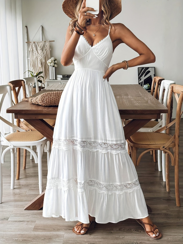 Lace Patchwork Dress with Lace Patchwork | Flared Hem | Thin Shoulder Straps | Back Tie
